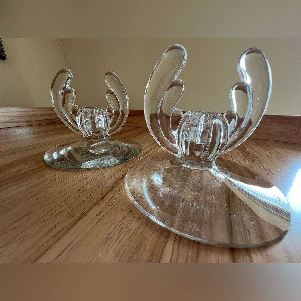 Clear Glass Art Deco Taper Candle Holders - Set of 2